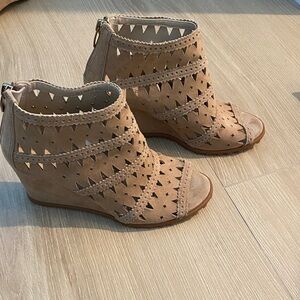 Tan Peep-Toe Wedge Sandals